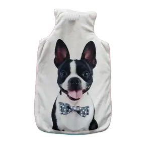 New design wholesale UK market gentle big ear dog with bow sublimation printing fleece hot water bottle cover for cold weather