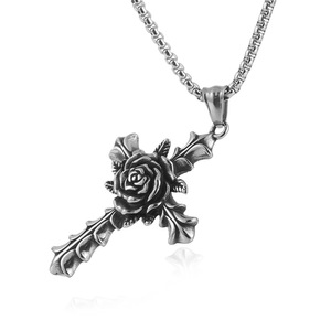 Stainless Steel <b>Cross</b> Pendant With Rose Design Silver Men's Necklace Fashion Jewelry Gift 19cm - Product Image 5