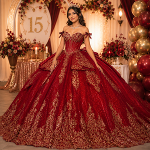ชุดราตรีงาน Quinceanera รุ่น Xybb04-Pz สีแดงเบอร์กันดี ผ้าชีฟอง แต่งแอพพลิเคชั่น คอรูปหัวใจ ชายกระโปรงแบบ Watteau ผ้าฝ้าย 100% ทรงเจ้าหญิง สำหรับงานเลี้ยง - Product Image 1