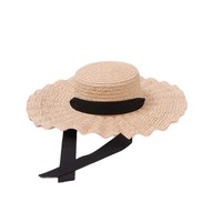 Topi Jerami Rumput Alami Anak-anak Pinggiran Bergelombang Pinggiran Lebar Hitam Putih Bertali Lucu Pastoral Pelindung Matahari Pantai Uniseks