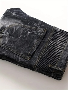 Jeans de Mezclilla Rectos Negros Y2K para Hombre, Desgastados, con Bolsillos Laterales con Cremallera, Cómodos, Elásticos, Lavados, Estilo Vintage, Hip Hop, para Invierno - Product Image 3