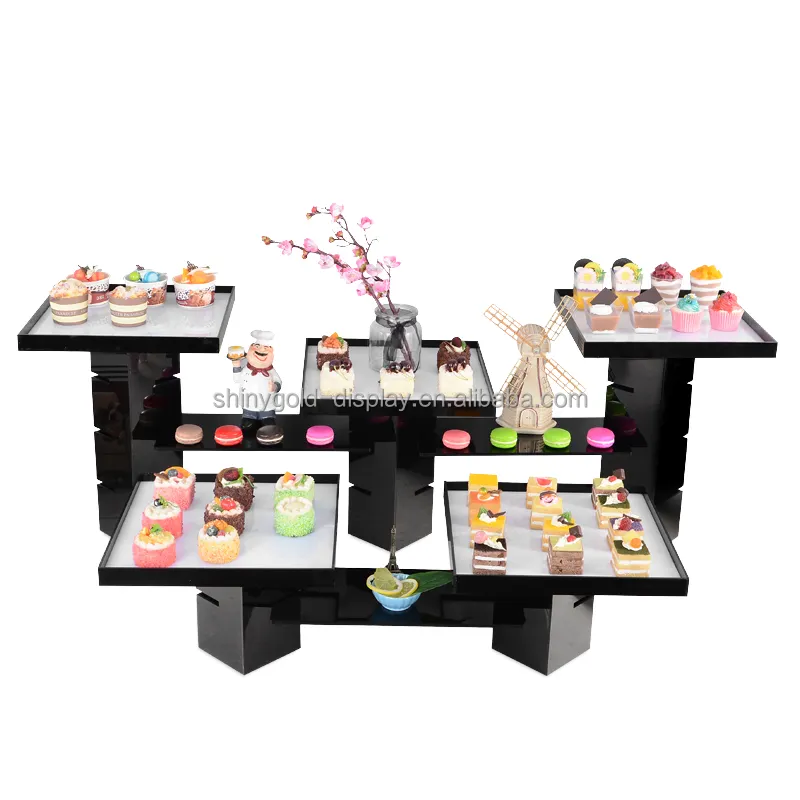 Grosir dekorasi pesta prasmanan pajangan kue kering bertingkat Mini Stan kue hitam akrilik makanan penutup meja Set pajangan