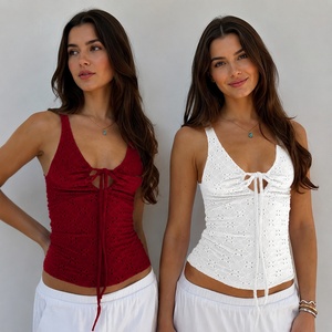 Women's Solid Color Cutout V-Neck Tie Front Knit Tank Top Breathable Casual Comfortable Layering Sleeveless Blouse - Product Image 1