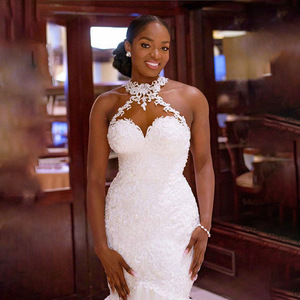 Mermaid Wedding Dress <b>White</b> <b>Lace</b> Halter Backless Sleeveless V Neck Plus Size Bridal Gown - Product Image 4