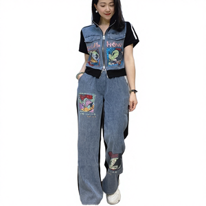 Ensemble deux pièces chemise/chemisier à fermeture éclair courte pour femme, tenue de sport d'été, pantalon à manches courtes, patchwork, costume décontracté en jean - Product Image 4