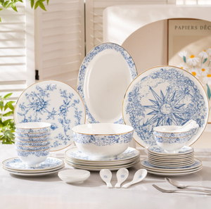 Classic Blue-and-White Ceramic Dinnerware <b>Set</b> Round Plates with Gold Rim Plant Pattern <b>Serving</b> <b>Dishes</b> for Wedding - Product Image 3