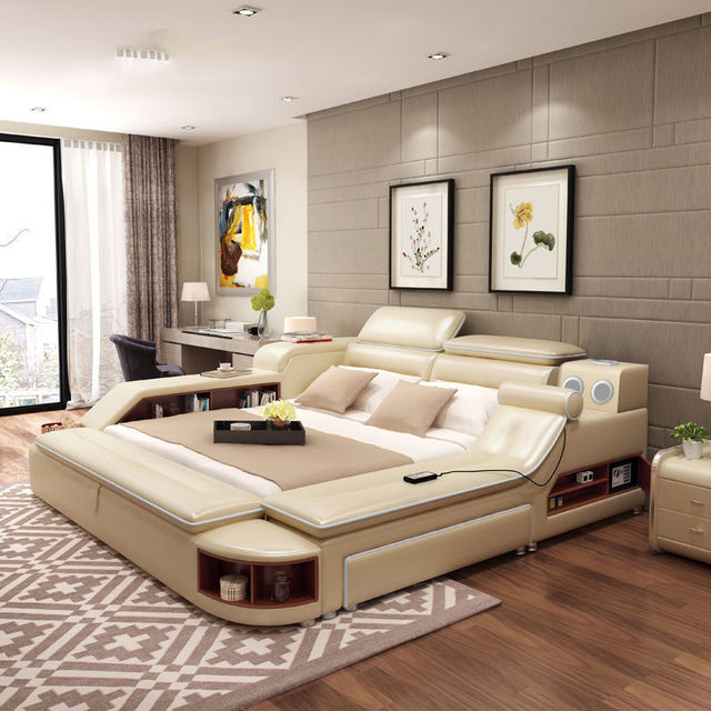 Ultra-Modern Luxury Smart Leather Bed for Bedroom Hotel: Sofa Massage Recliner Chair, Hidden Safe, Multi-Storage Speakers