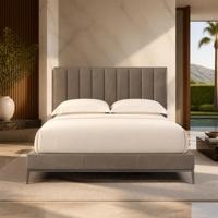 Lit sur mesure extensible en cuir design avec panneaux verticaux cannelés, base en chêne et métal, et tête de lit personnalisable pour hôtel