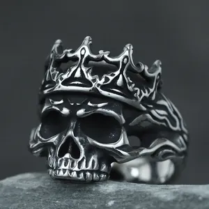 Punk Halloween Horror Ghost Head Titanium Steel Skull Crown Punisher Ring Stainless Steel Ring for Male