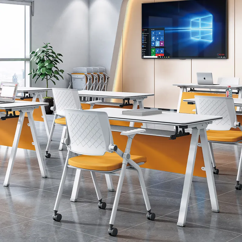 Mesa de escritório ergonômica para jogos, mesa de couro genuína para sala de reuniões, cadeiras reclináveis de plástico sem rodas para treinamento de escritório