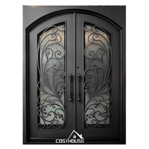 Double portes traditionnelles en fer forgé porte d'entrée en métal panneau de verre élégant appartement de luxe hôtel entrée extérieure finie - Product Image 5