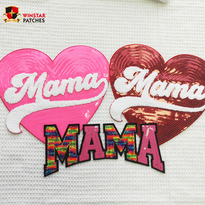 Personalizado al por mayor de alta calidad corazón brillo lentejuelas grande Chenille Mama letras bordado hierro en parches para ropa - Product Image 6