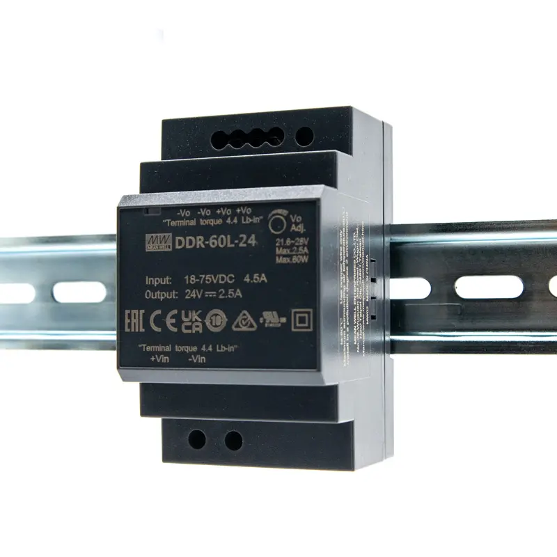 60W DIN Rail Type DC-DC Converter DDR-60L-24 MeanWell แหล่งจ่ายไฟแบบเดิมที่มีความกว้างบางเฉียบ