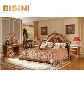 Luxury Palace Furniture Solid Wood Caving Bedroom Furniture Set, Wood Veneer Ornated Gilt Wooden King Size Bed With Night Stand