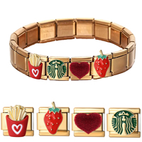 1 pièce Breloque en acier inoxydable style italien, motif cœur fraise rouge et rayures vertes dorées, pour la création de bijoux DIY (bracelets, colliers)