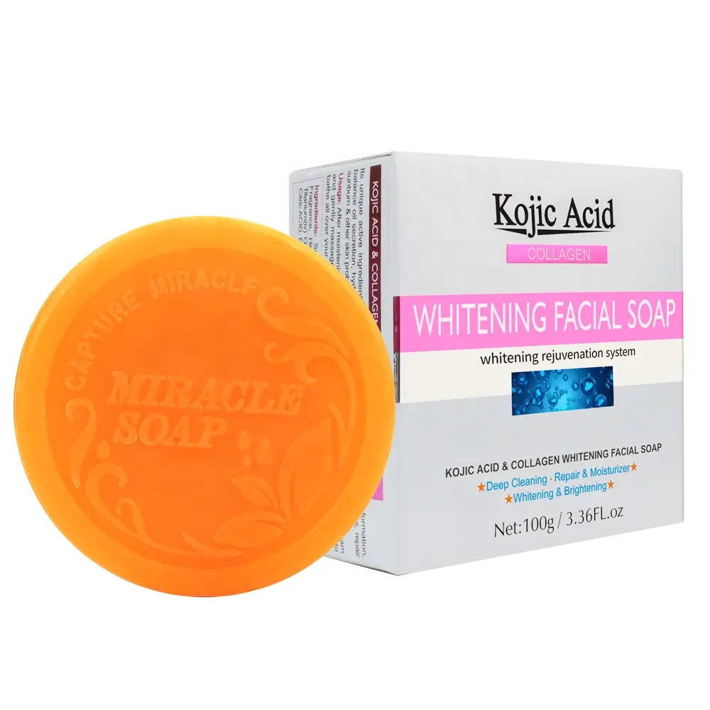 Sabun asam Kojic Collagen Natural Label pribadi, sabun dasar pemutih kulit wajah penghilang noda hitam, sabun asam Kojic untuk wajah dan tubuh