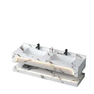 OEM Sinered Design moderne Ensemble de meubles pour salle de bain à double vasque mural Carcasse en aluminium Smart Mirror Stone Dessus en marbre OEM - Product Image 1