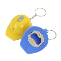 Porte-clés LED en forme de casque de sécurité, en plastique et alliage de zinc, décapsuleur imprimé UV, design unique pour usage pratique, vente en gros