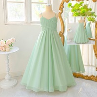 Gaun Formal Anak Perempuan Warna Hijau Muda OEM, Tali Spaghetti, Model A-Line, Bahan Satin, untuk Pesta Liburan, Gaun Putri, Gaun Ulang Tahun Anak