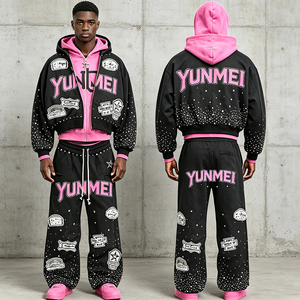 Conjunto de Sudadera con Capucha y Pantalones Deportivos para Hombre, Estilo Streetwear, Personalizado, con Bordado Desgastado, Cierre de Cremallera, Gráficos con Pedrería, Lavado Ácido - Product Image 4