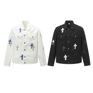 High Quality Vintage Cross Design <b>Denim</b> Jacket Casual Patch Embroidery Button Fly Men's Heavyweight 100% Cotton Jeans <b>Coat</b> - Product Image 1
