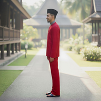 TELUK BELANGA Tenue Traditionnelle Chinoise Rouge Modeste pour Hommes, Col Mandarin, Tie-Dye, Longueur Cheville, Tenue Festive pour les Célébrations de l'Aïd