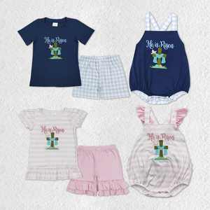 Ropa Infantil de Verano con Bordado a Rayas Rosa y Azul, Diseño de Cruz de Pascua, Tema Cristiano, para Hermanos, Venta al por Mayor - Product Image 1
