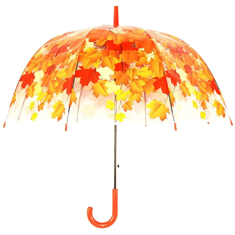 Akçaağaç yaprağı bayan baskı kabarcık şeffaf POE yağmur düz şemsiye