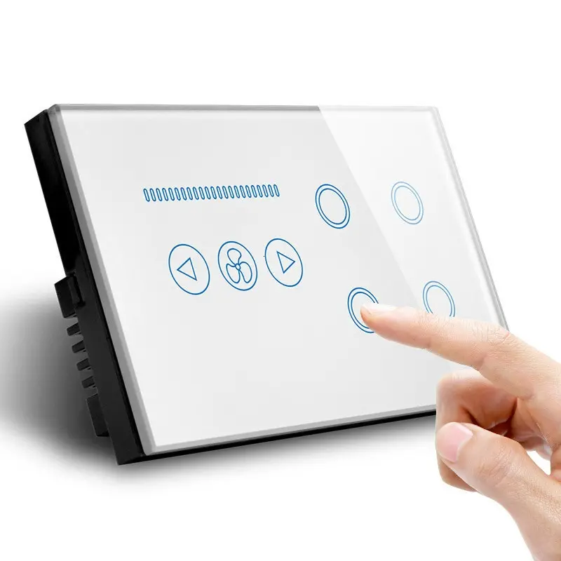 Özelleştirmek İngiltere akıllı dokunmatik 4 gang WIFI ışık anahtarı Wifi tavan vantilatörü anahtarı beyaz siyah kristal cam Panel çalışma Alexa Google