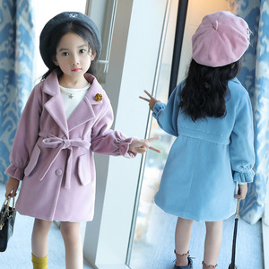 Manteau en laine mi-long pour filles, style décontracté, col à revers, simple boutonnage, manches évasées, ceinture en coton, collection automne-hiver - Product Image 4