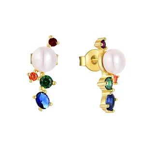 QX Custom Oem 925 Sterling Silver Fine Jewelry Huggies Colorful Cubic Zircon Freshwater Pearl 18k Gold Plated Women Hoop Earring