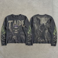 T-shirt thermique à manches longues en maille gaufrée 260 GSM TaiDe sur mesure, noir délavé avec imprimé graphique, effet vieilli, fabricant de vêtements OEM ODM
