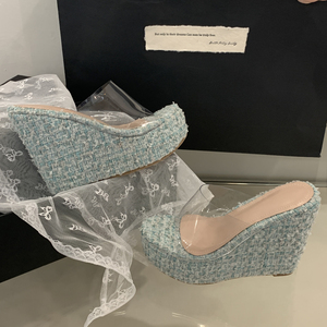 2025 Summer <b>Wedge</b> Heel Open Peep <b>Sandals</b> Sweet <b>Platform</b> Striped Slippers Breathable Thick Bottom Large Size Fashion High Heel - Product Image 3