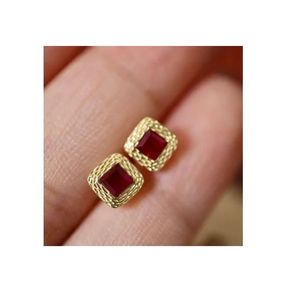 Boucles d'oreilles clous Xinfly en or jaune massif 18 carats avec halo de rubis véritable taille princesse 0,40 ct - Product Image 1
