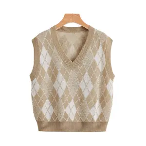 Custom 100% Cotton V Neck Knitted Girl Sweater Vest Sleeveless For Women