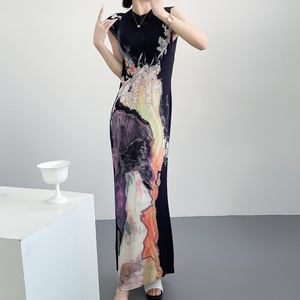 Robe Cheongsam Plissée Miyake en Polyester à Taille Haute et Col Rond, Coupe Sirène Amincissante Longue pour l'Été - Product Image 3