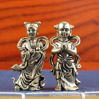 Statues de Bouddha Dragon Garçon et Fille en Laiton Doré, Ornements Chinois Porte-Bonheur avec Caractères Religieux, Paire pour la Maison