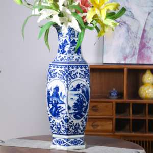 Juego de Jarrones Hexagonales de Porcelana Azul y Blanca, con Diseño de León y Figuras, Jarrones Tradicionales para Decoración del Hogar y Arreglos Florales - Product Image 5