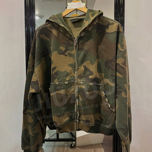 Produttore di Felpe con Cappuccio Mimetica Effetto Invecchiato Personalizzata da Uomo Giacca Vintage Pesante Oversize con Stampa <span class=keywords><strong>Camo</strong></span> e Cerniera - Product Image 1