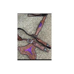 Juego de tachuelas moradas de cuero de alta durabilidad para montar en el oeste, perfecto para uso en rodeo, incluye tocado de caballo completo y riendas - Product Image 4