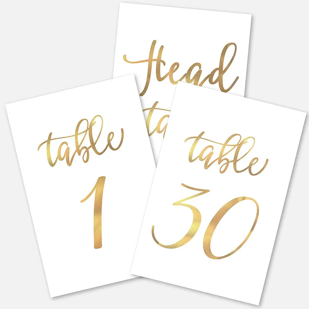 印刷された金箔の結婚式の両面紙スタンドアップテーブルナンバーカードヘッドテーブル付き