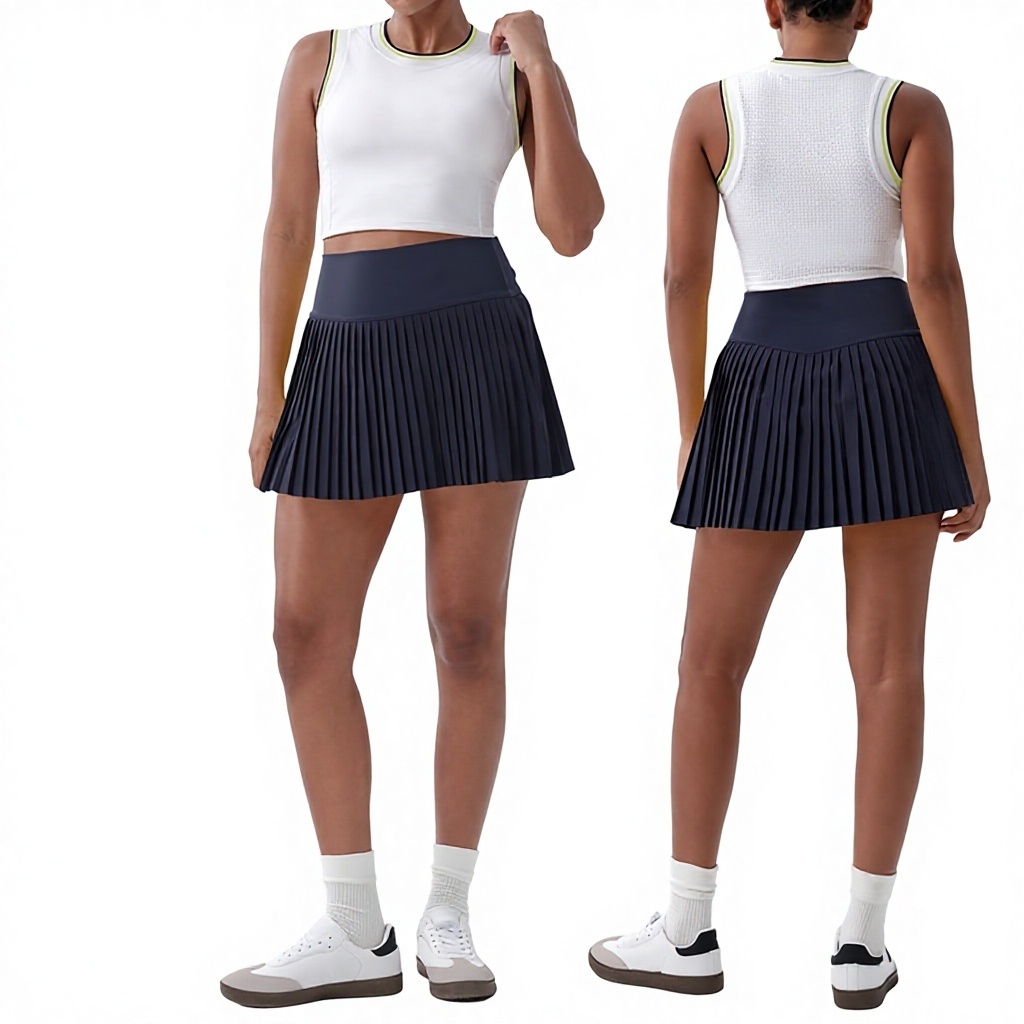 European-style Slim Fit Crew Neck Pleated Skirt Nylon Spandex Solid Yoga High-waisted Anti-exposure Tennis Outfit Breathable