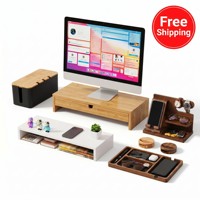 Moderne bureau-accessoireset van natuurlijk hout - monitorverhoger met digitale wekker en bamboe telefoonhouder organizer
