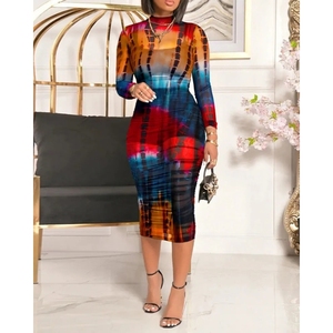 Conjunto de 3 piezas de moda: Vestido sexy de talla grande con estampado tropical, manga larga, cuello simulado, malla transparente y fruncido, estilo lápiz. - Product Image 3