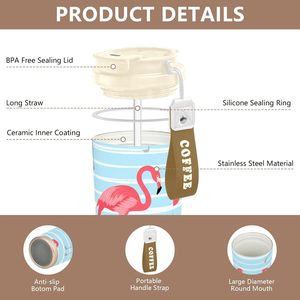 Flamant rose <span class=keywords><strong>sur</strong></span> rayures bleues isolé en acier inoxydable gobelet coffre tasse à café avec couvercle tirer Stock poignée sangle forme cylindrique - Product Image 4