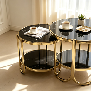 Table d'appoint ronde de luxe à 2 niveaux, plateau en pierre frittée noire, structure en métal doré, pour la maison, le salon, l'hôtel, table d'appoint de canapé - Product Image 2