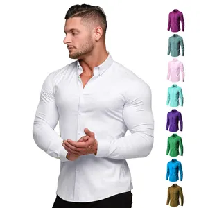Stock all'ingrosso 15 colori camicie sportive a maniche lunghe ad alta elasticità uomo bottoni frontali camicie Slim per il tempo libero camicia sportiva per uomo
