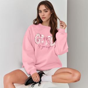 Sweat-shirt chrétien God Is Good pour femme, coupe oversize, motif nœud, graphique religieux, rose, col rond - Product Image 3