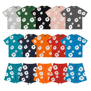 Nouvel ensemble de shorts 2 pièces en coton imprimé floral, style européen et américain, au-dessus du genou, streetwear à manches courtes pour jeunes - Product Image 1