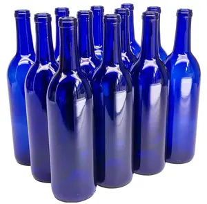 Bouteille de vin ronde en verre bleu antique 700ml 750ml bouteille de vin en verre de Vodka bouchon souple
